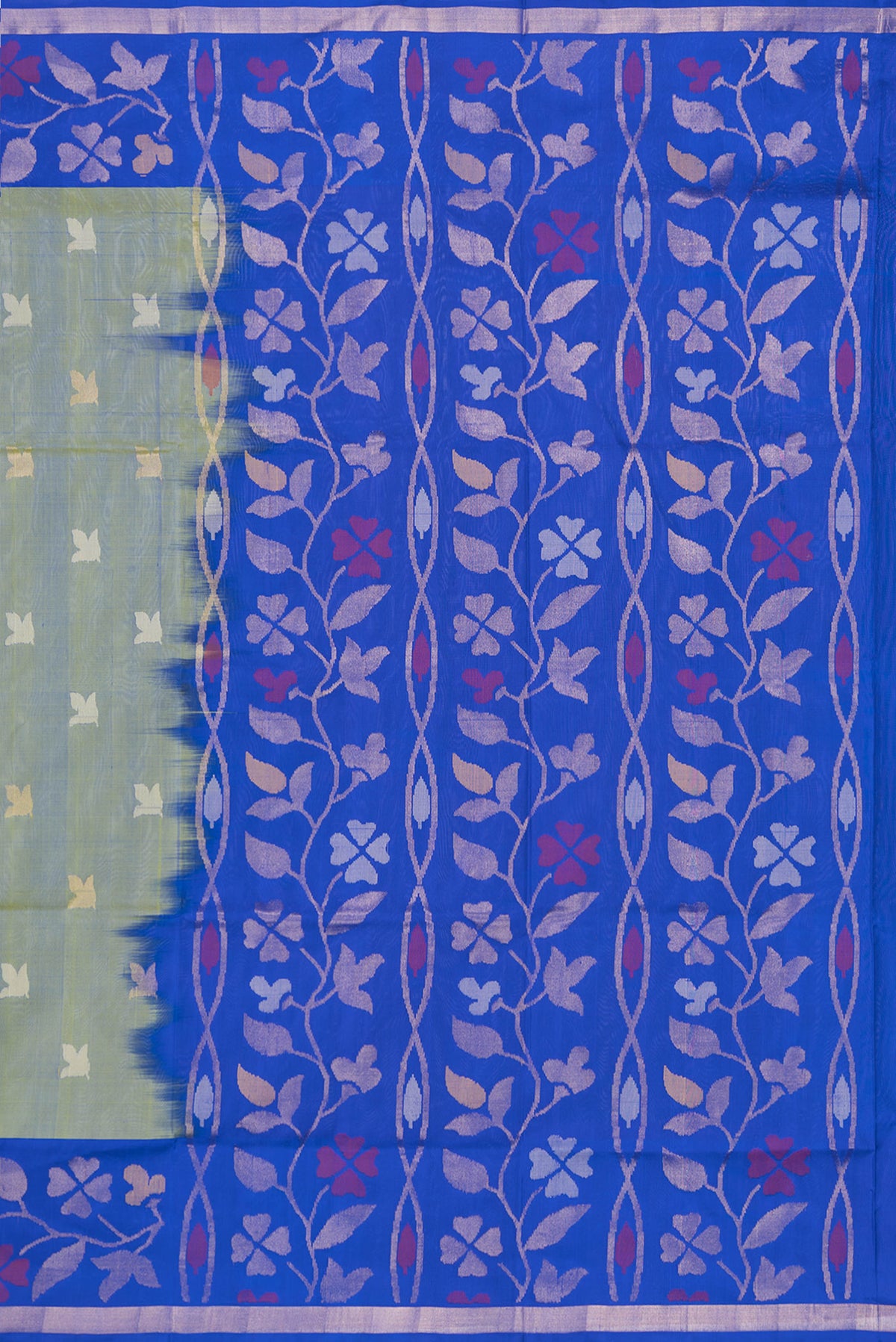 Close up image of the pallu of Mehandi Green Dual Tone Uppada Silk Saree with Zari And Thread Butta on the body and Fancy Border. 