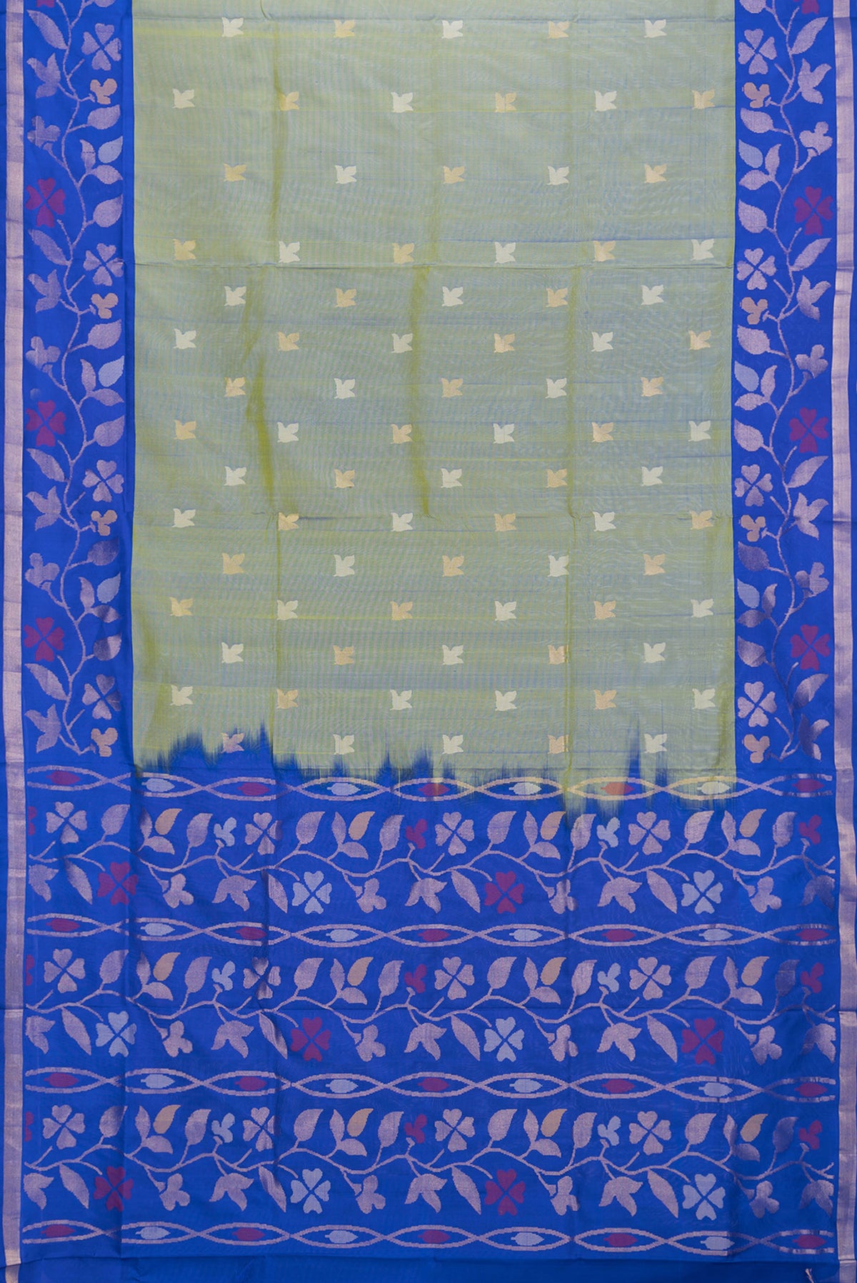 Flat view of Mehandi Green Dual Tone Uppada Silk Saree with Zari And Thread Butta on the body and Fancy Border. 