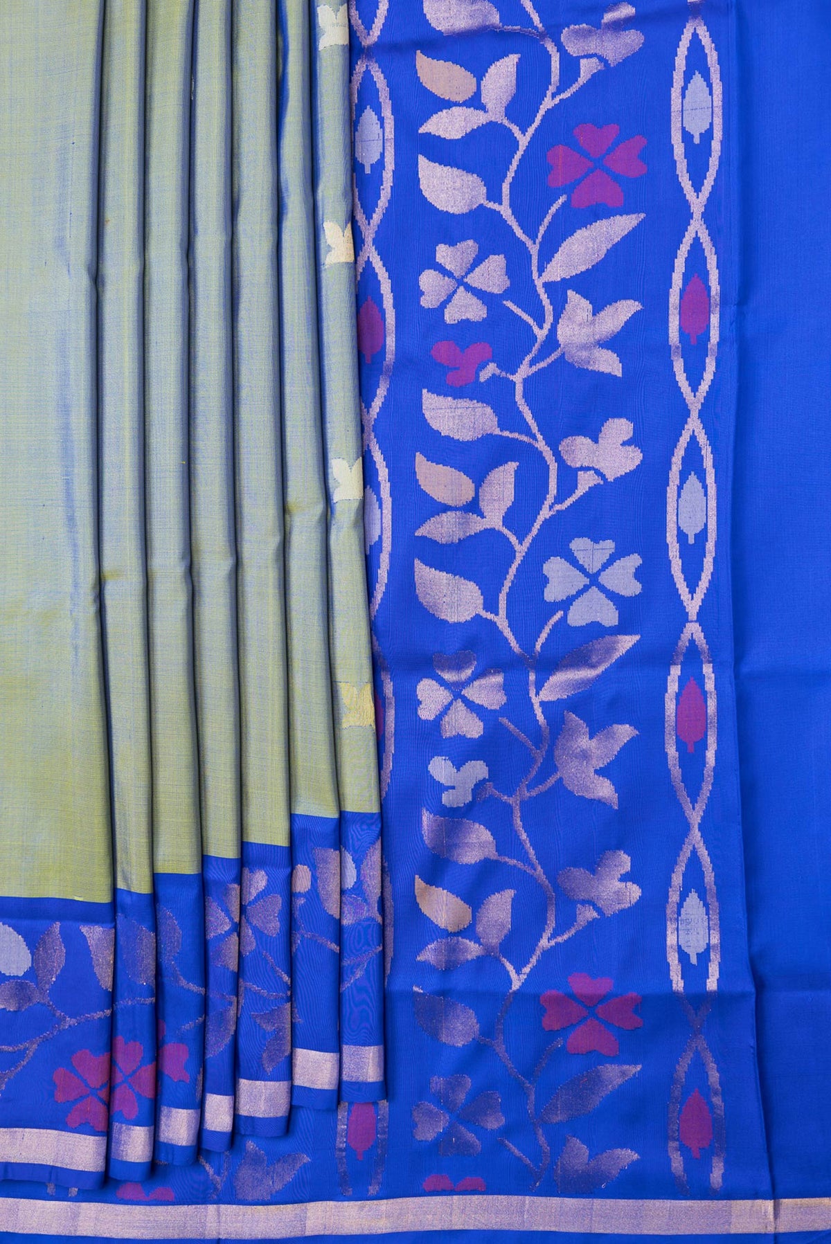 Pleats and pallu of Mehandi Green Dual Tone Uppada Silk Saree with Zari And Thread Butta on the body and Fancy Border. 