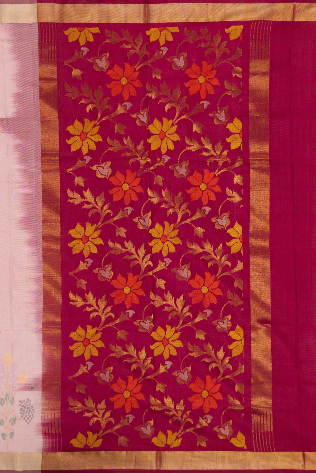 Close up image of the pallu of Pink Dual Tone Uppada Silk Saree with Zari Butta on the body and Fancy Border. 