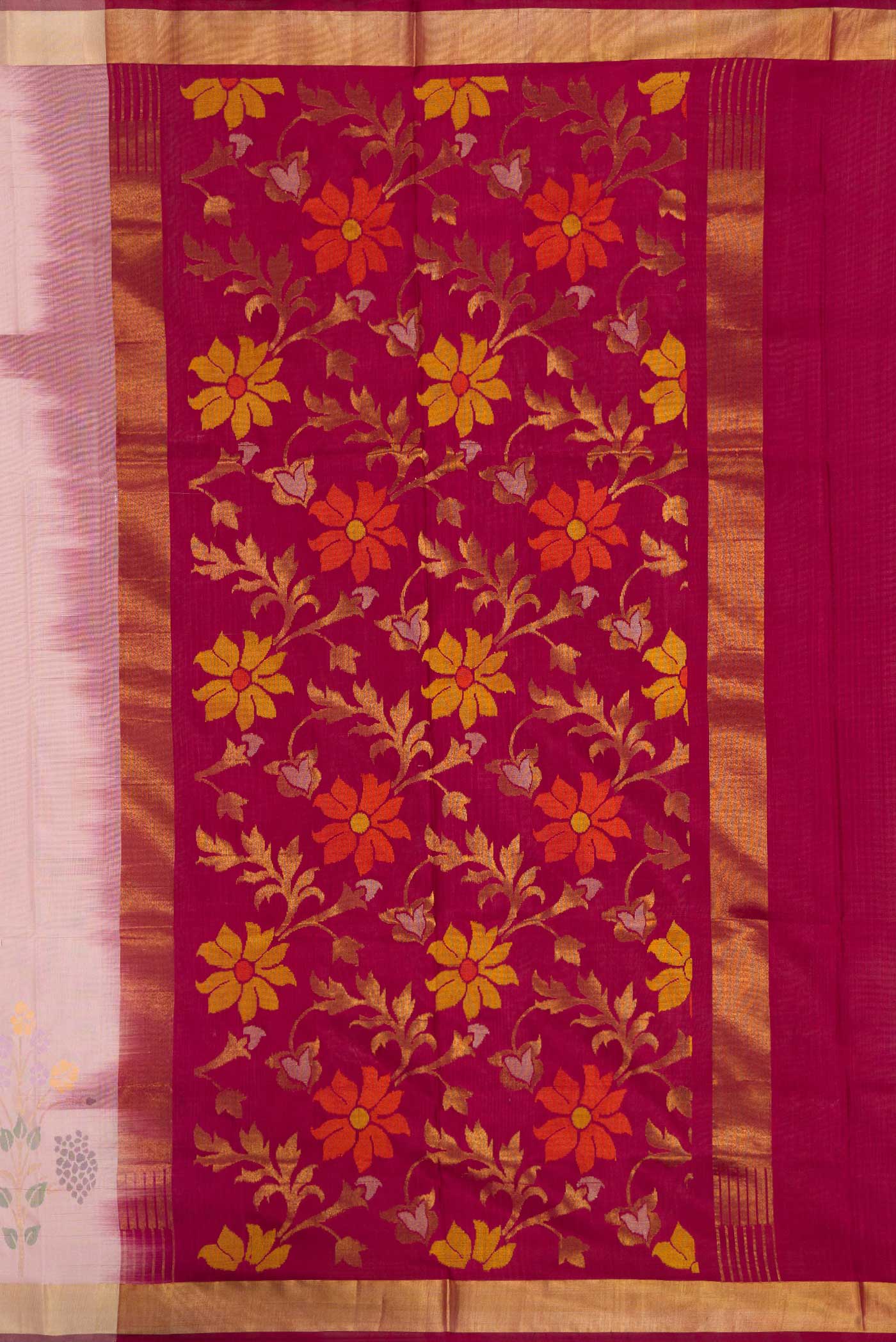 Close up image of the pallu of Pink Dual Tone Uppada Silk Saree with Zari Butta on the body and Fancy Border. 
