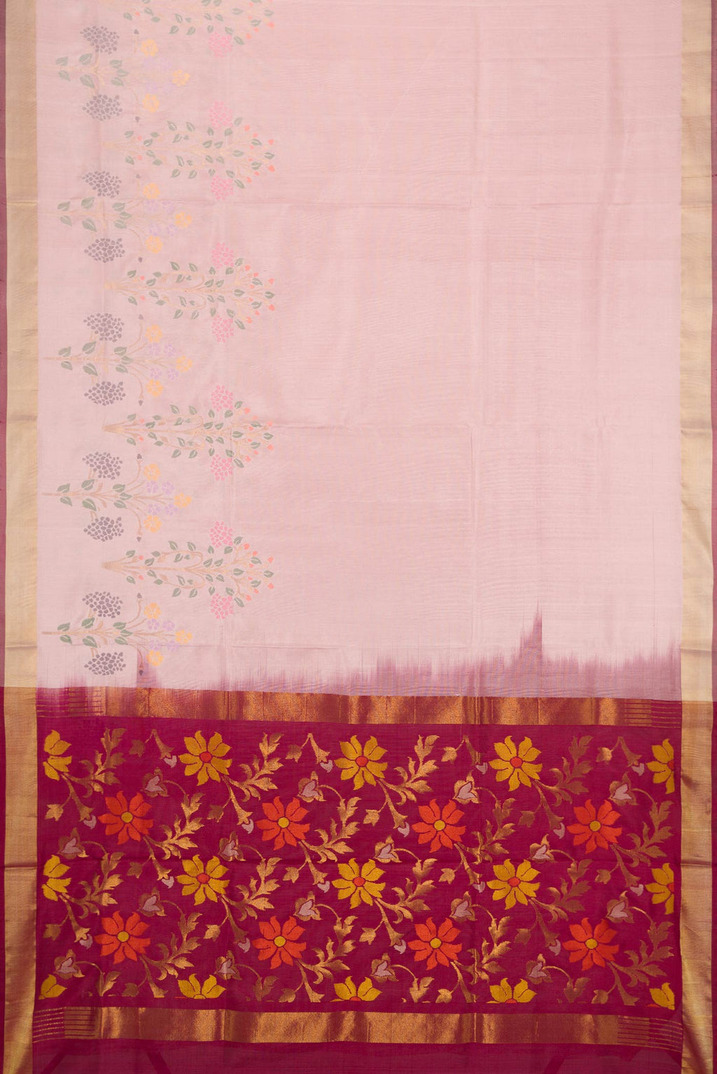 Flat view of Pink Dual Tone Uppada Silk Saree with Zari Butta on the body and Fancy Border. 