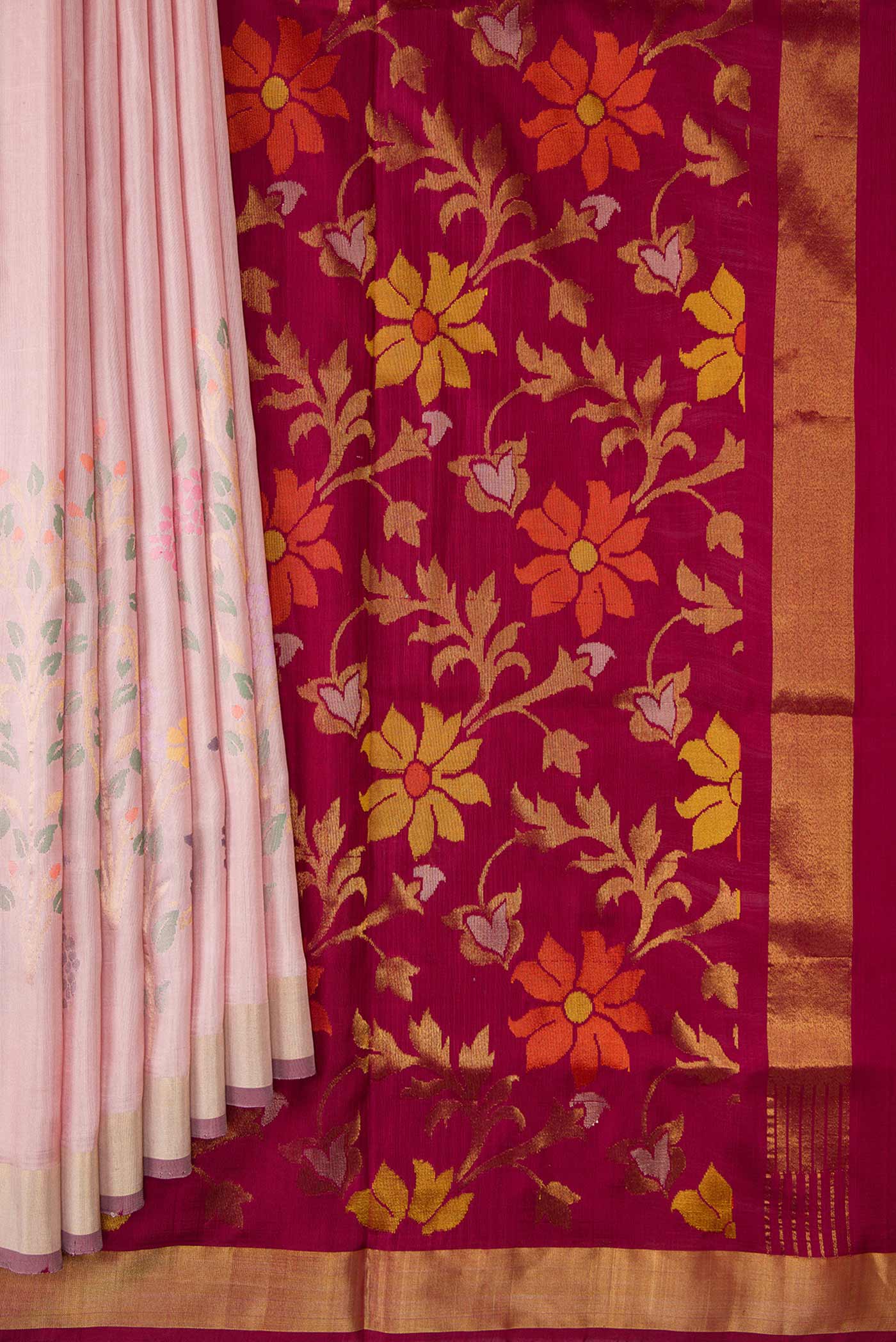 Pleats and pallu of Pink Dual Tone Uppada Silk Saree with Zari Butta on the body and Fancy Border. 