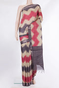 Pure Silk Beige Dual Tone Tussar Saree with Stripes on the body and Zari Border.  displayed on a mannequin
