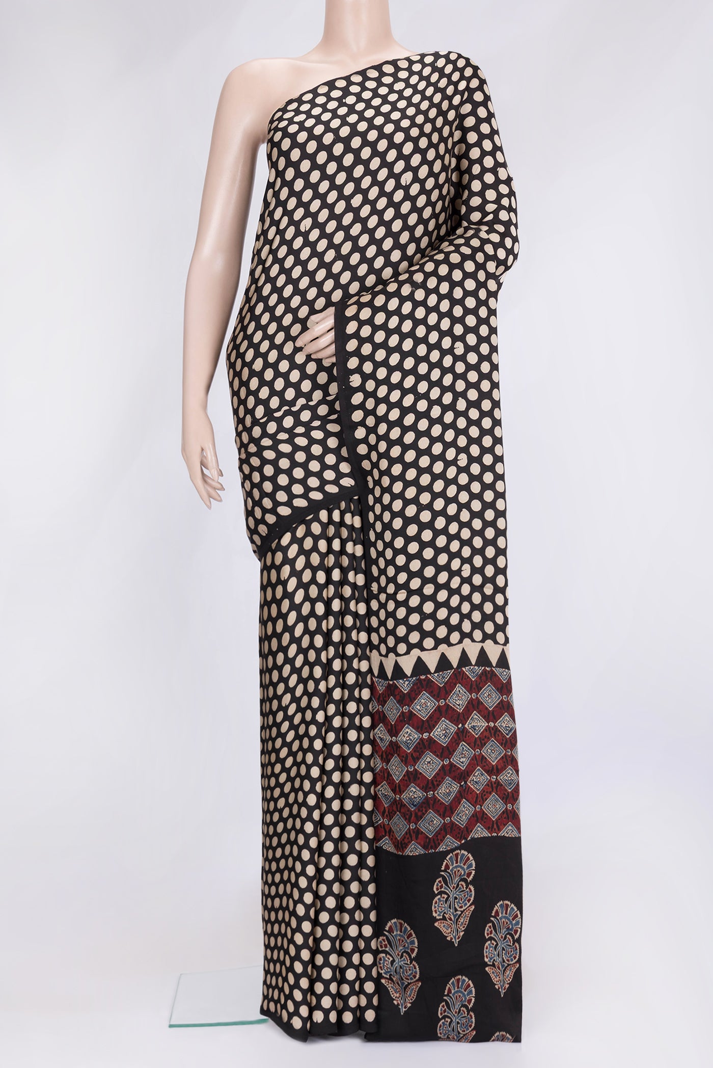Brown Dual Tone Blended Satin Crepe Saree with Printed design on the body and Printed Border.  displayed on a mannequin