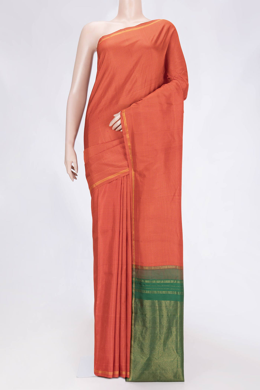 Orange Dual Tone Kanchipuram Silk Saree with Checked design on the body and Zari Border.  displayed on a mannequin