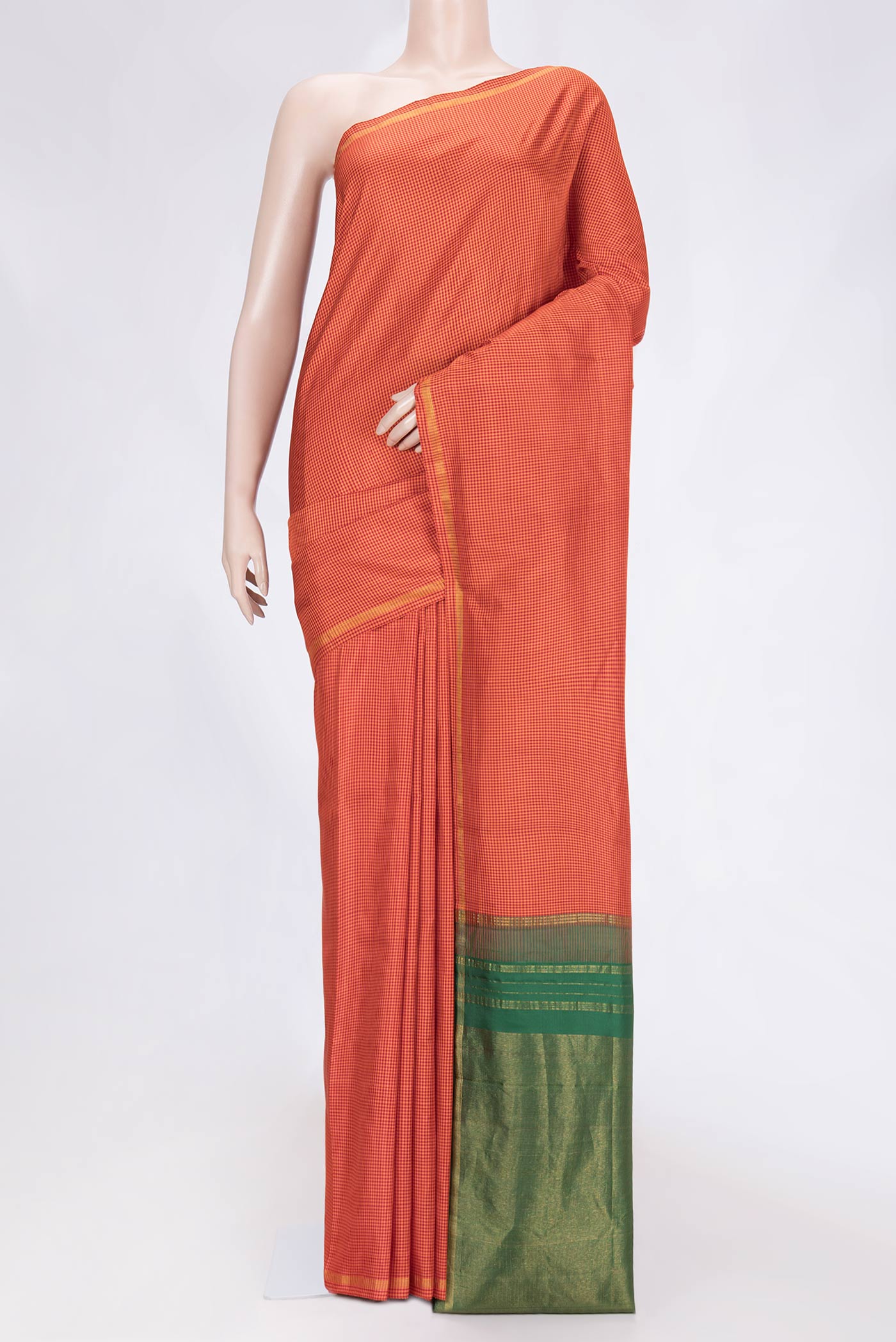 Orange Dual Tone Kanchipuram Silk Saree with Checked design on the body and Zari Border.  displayed on a mannequin