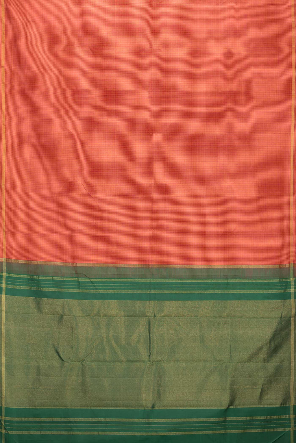 Flat view of Orange Dual Tone Kanchipuram Silk Saree with Checked design on the body and Zari Border. 