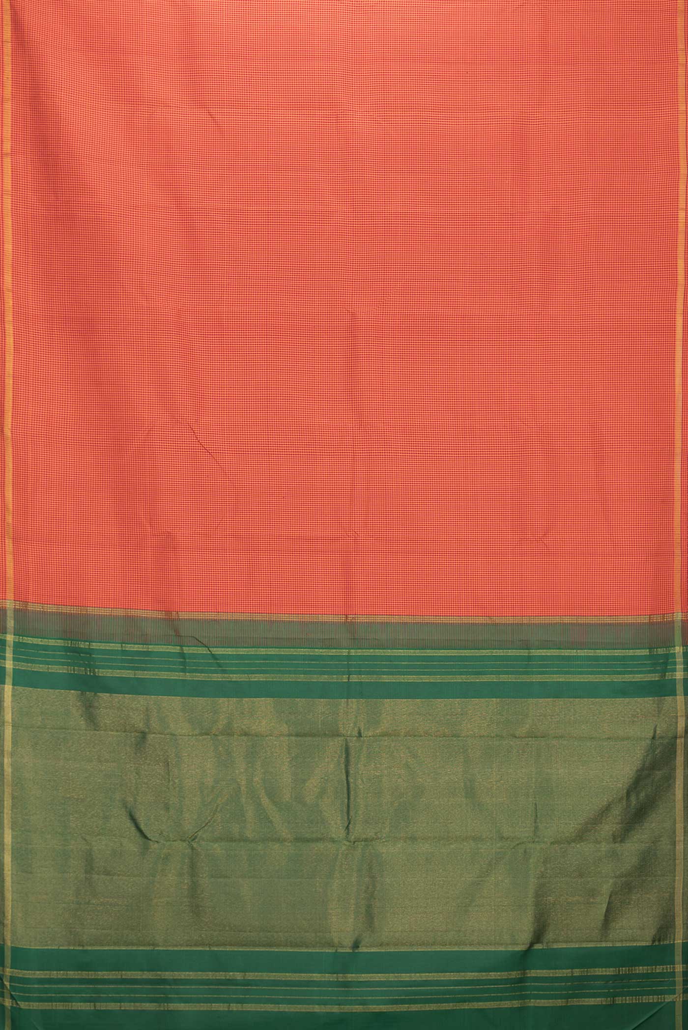 Flat view of Orange Dual Tone Kanchipuram Silk Saree with Checked design on the body and Zari Border. 