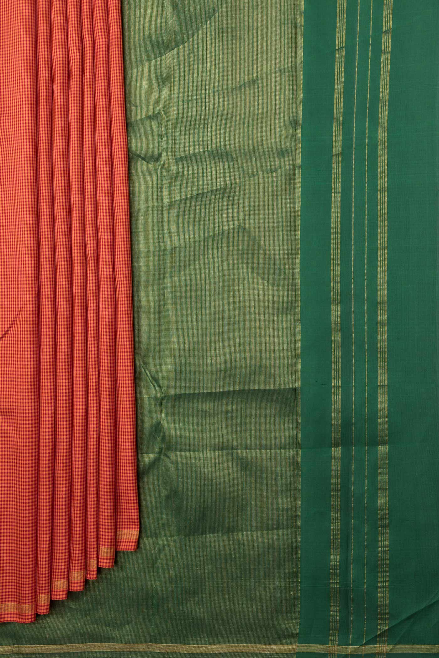 Pleats and pallu of Orange Dual Tone Kanchipuram Silk Saree with Checked design on the body and Zari Border. 