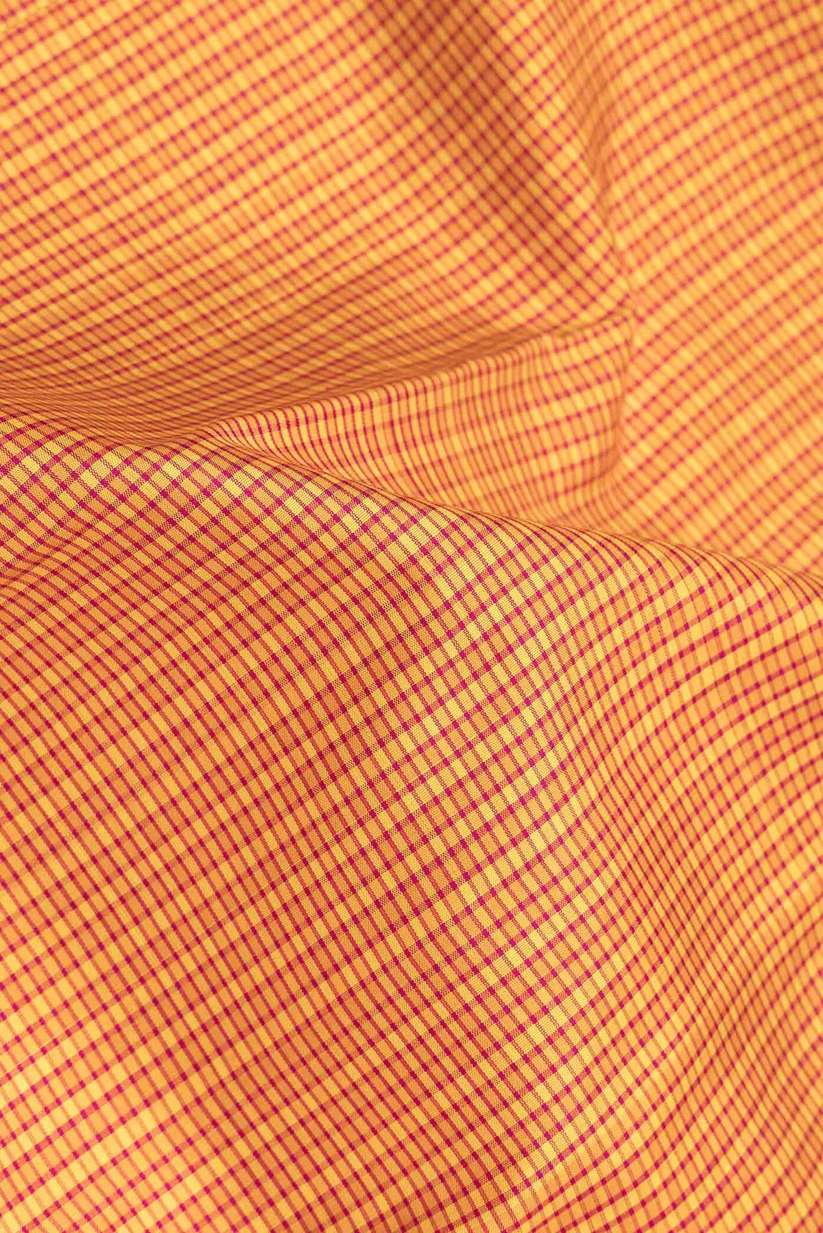 Close up of Mustard Dual Tone Kanchipuram Saree with Checked design on the body and Zari Border.  displaying folds
