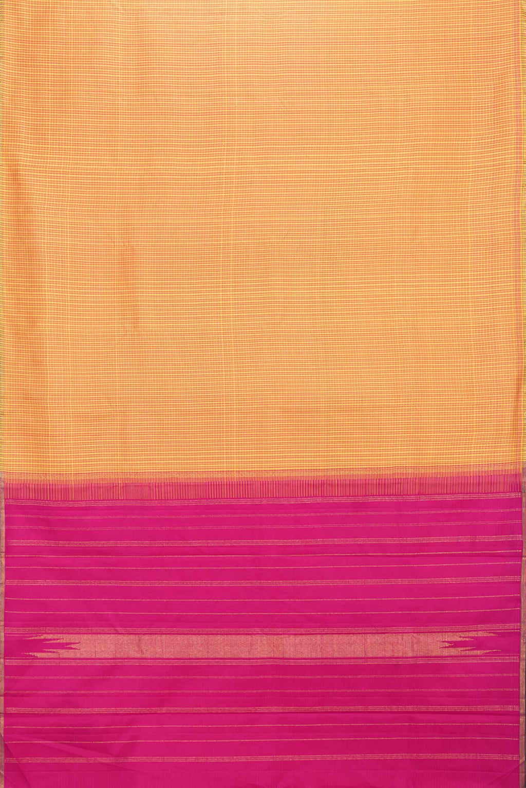 Flat view of Mustard Dual Tone Kanchipuram Saree with Checked design on the body and Zari Border. 