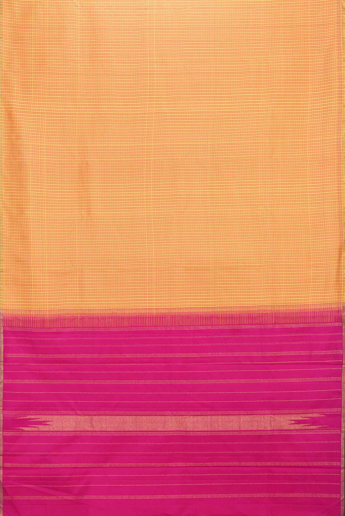 Flat view of Mustard Dual Tone Kanchipuram Saree with Checked design on the body and Zari Border. 