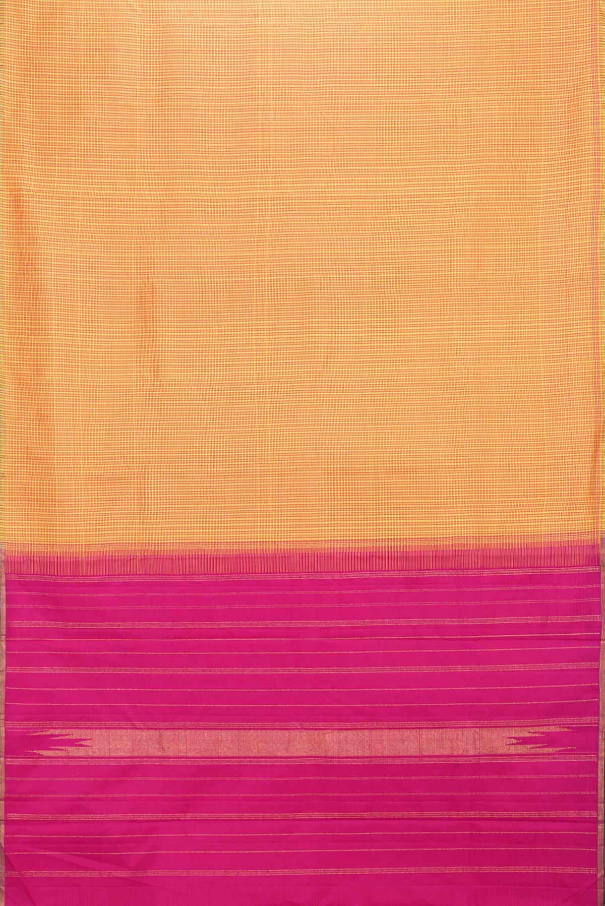 Flat view of Mustard Dual Tone Kanchipuram Saree with Checked design on the body and Zari Border. 