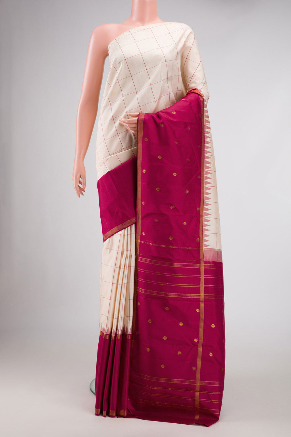 Sandal Dual Tone Kanjivaram Silk Saree with Checked design on the body and Zari Border.  displayed on a mannequin