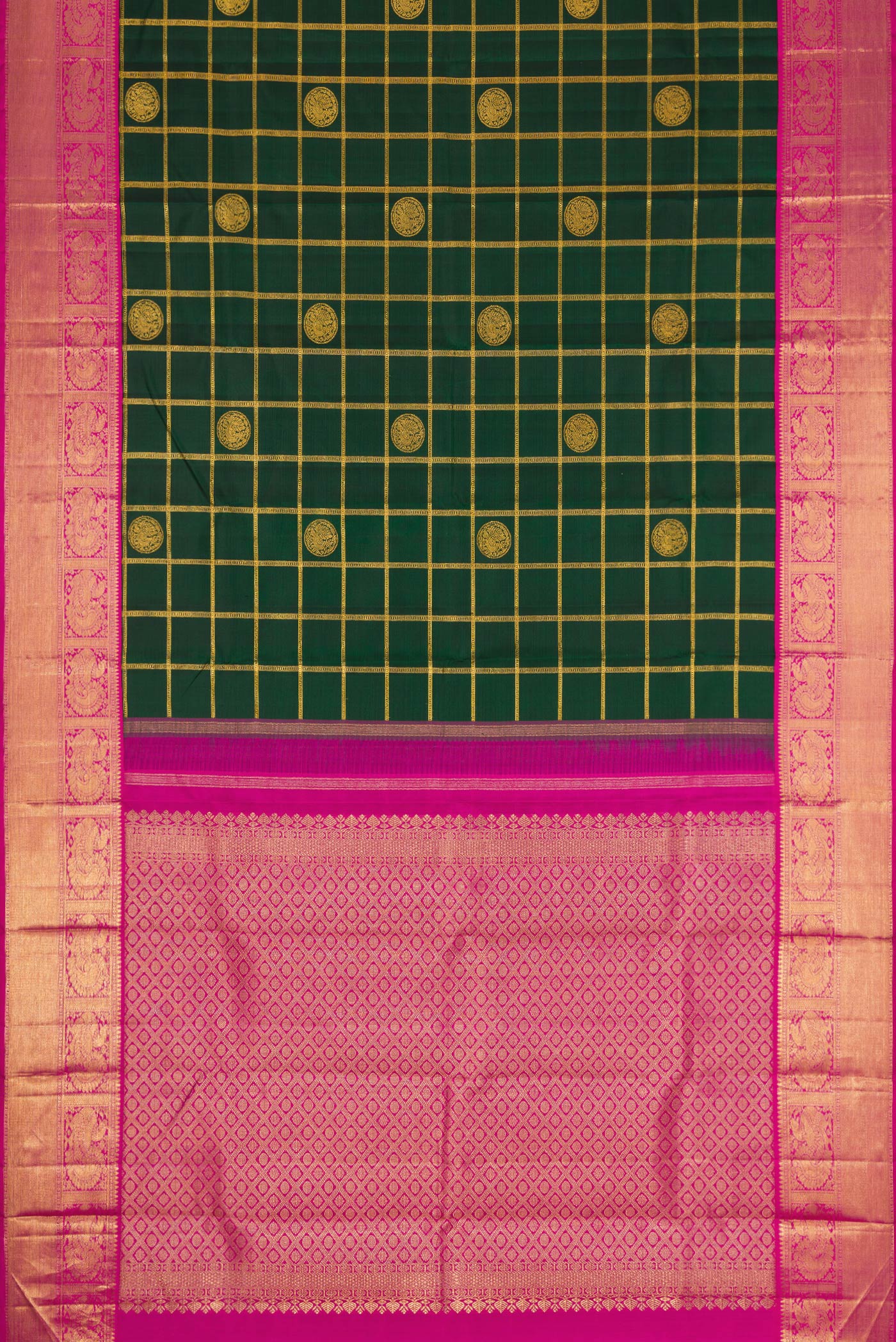 Flat view of Pure Silk Pure Zari Bottle Green Dual Tone Kanjivaram Saree with Checked design on the body and Zari Border. 