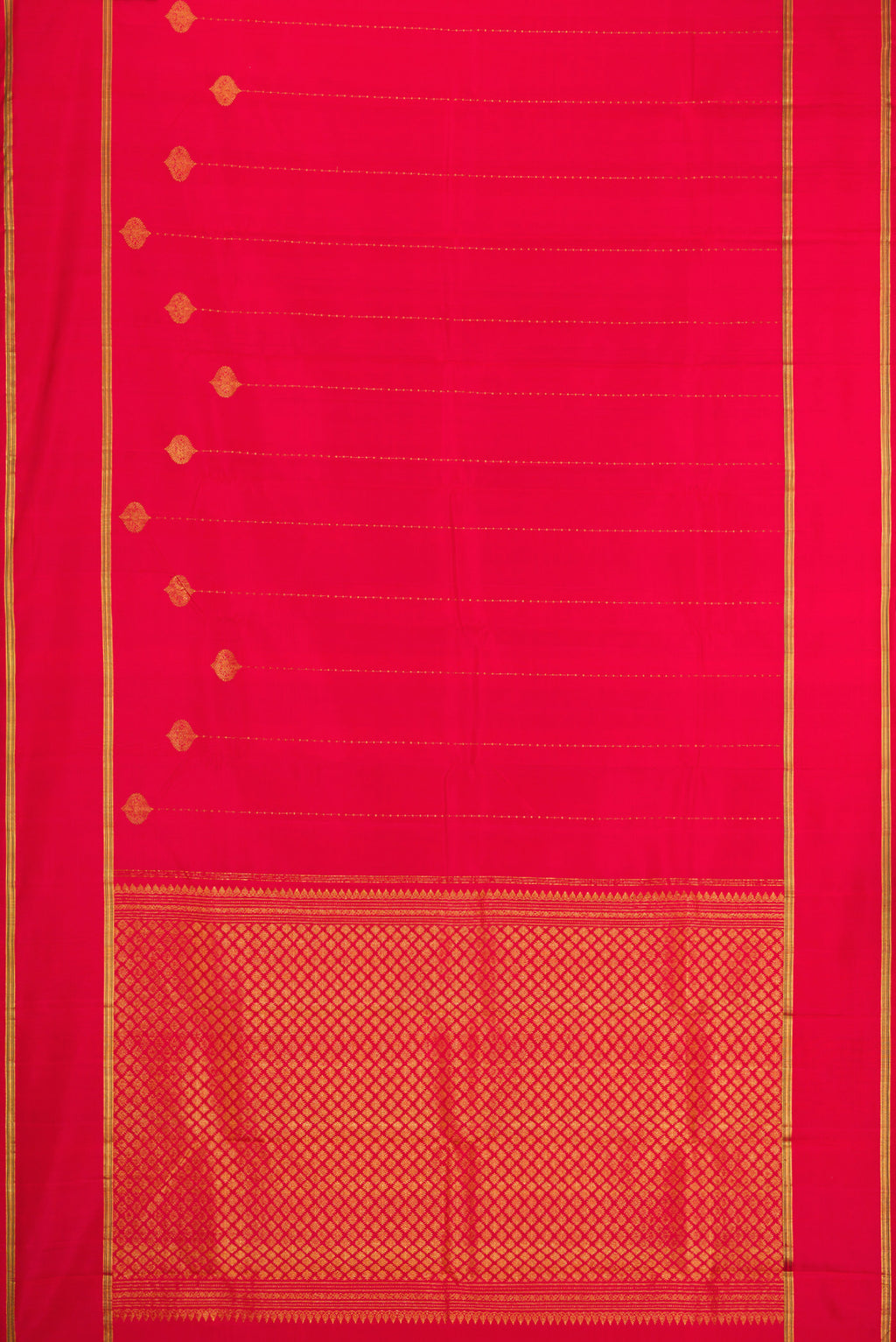 Flat view of Red Kanjivaram Silk Saree with Stripes on the body and Zari Border. 