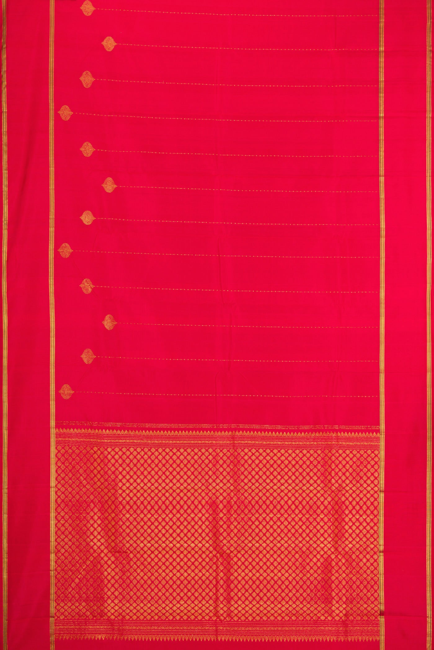 Flat view of Red Kanjivaram Silk Saree with Stripes on the body and Zari Border. 