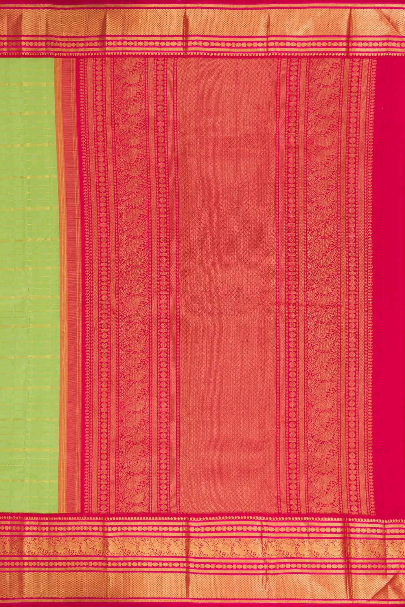 Close up image of the pallu of Parrot Green Dual Tone Kanchipuram Silk Saree with Stripes on the body and Zari Border. 