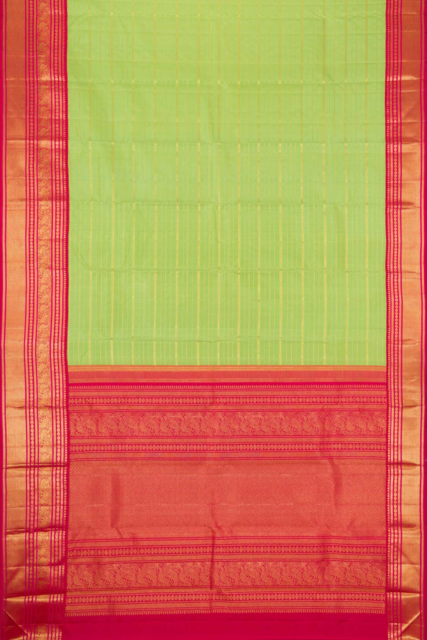 Flat view of Parrot Green Dual Tone Kanchipuram Silk Saree with Stripes on the body and Zari Border. 