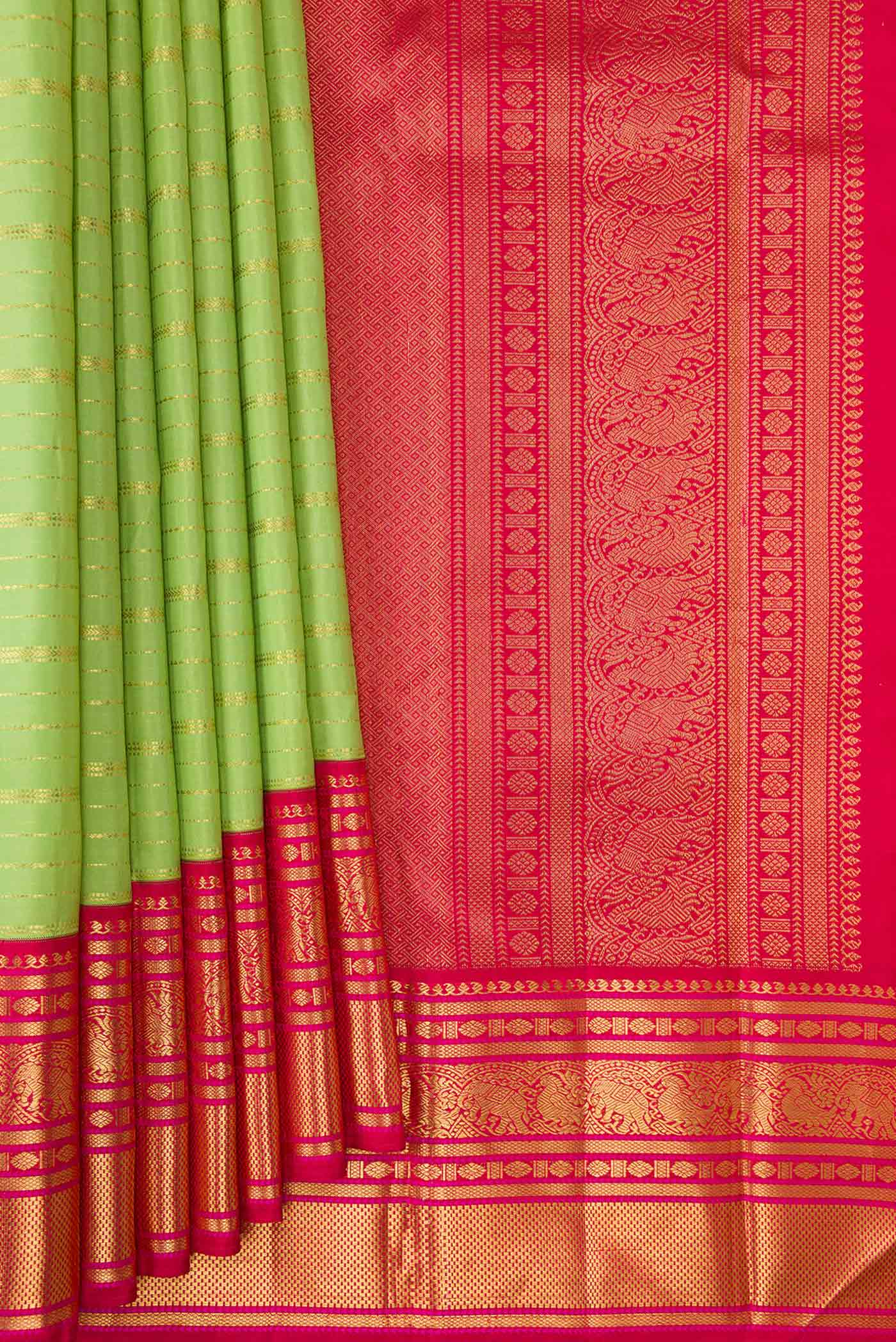 Pleats and pallu of Parrot Green Dual Tone Kanchipuram Silk Saree with Stripes on the body and Zari Border. 