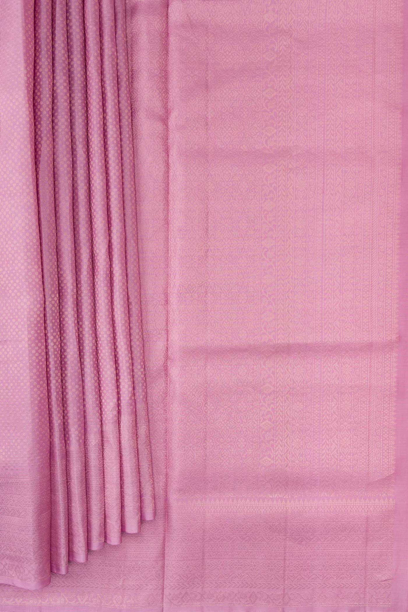 Pleats and pallu of Lavender Dual Tone Soft Silk Saree with Zari Brocade on the body and Zari Border. 