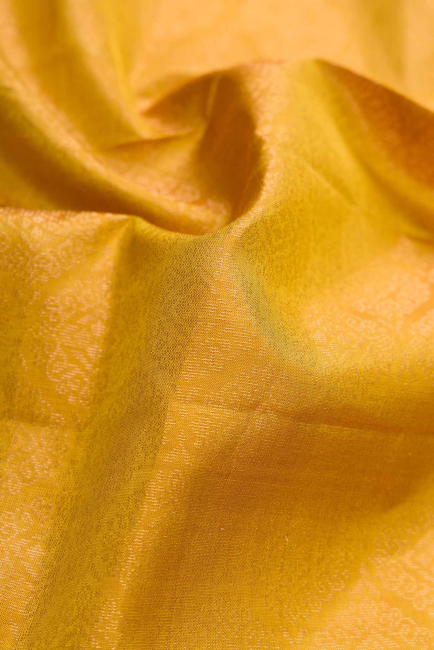 Close up of Mustard Dual Tone Soft Silk Saree with Zari Brocade on the body and Zari Border.  displaying folds