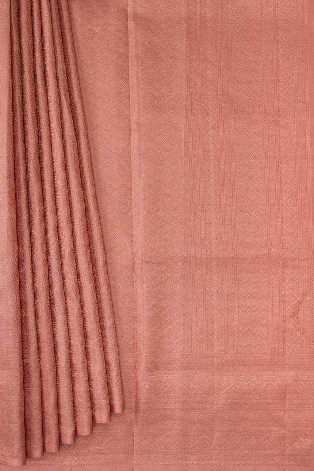 Pleats and pallu of Golden Peach Dual Tone Soft Silk Saree with Zari Brocade on the body and Zari Border. 