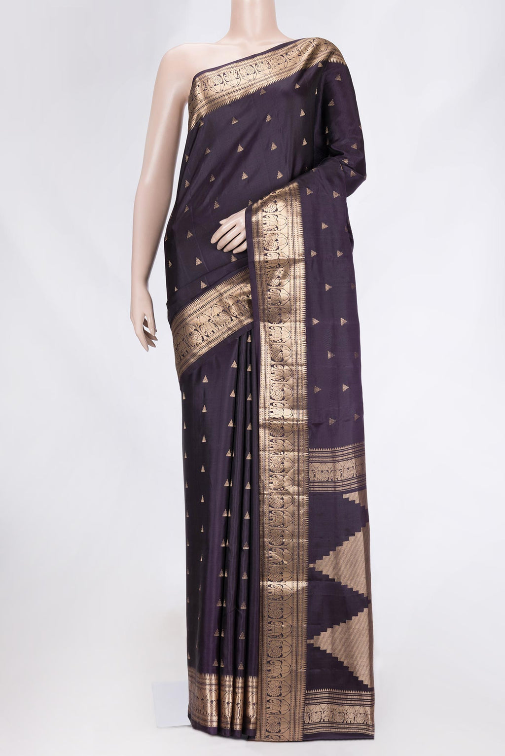 Navy Blue Dual Tone Soft Silk Saree with Zari Butta on the body and Zari Border.  displayed on a mannequin