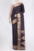 Navy Blue Dual Tone Soft Silk Saree with Zari Butta on the body and Zari Border.  displayed on a mannequin
