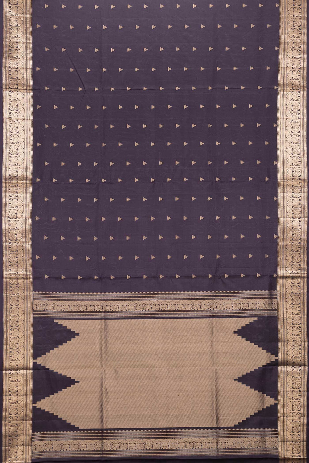 Flat view of Navy Blue Dual Tone Soft Silk Saree with Zari Butta on the body and Zari Border. 