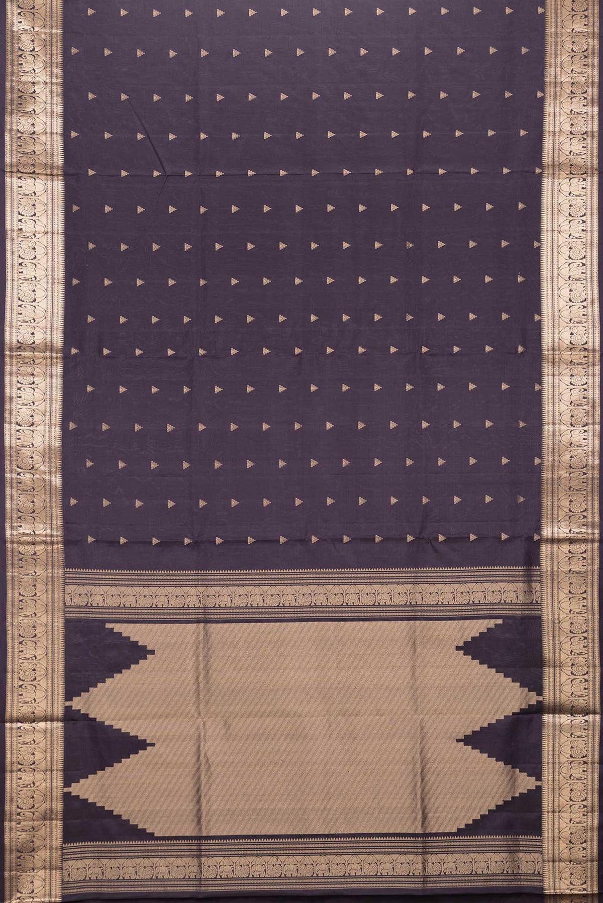 Flat view of Navy Blue Dual Tone Soft Silk Saree with Zari Butta on the body and Zari Border. 
