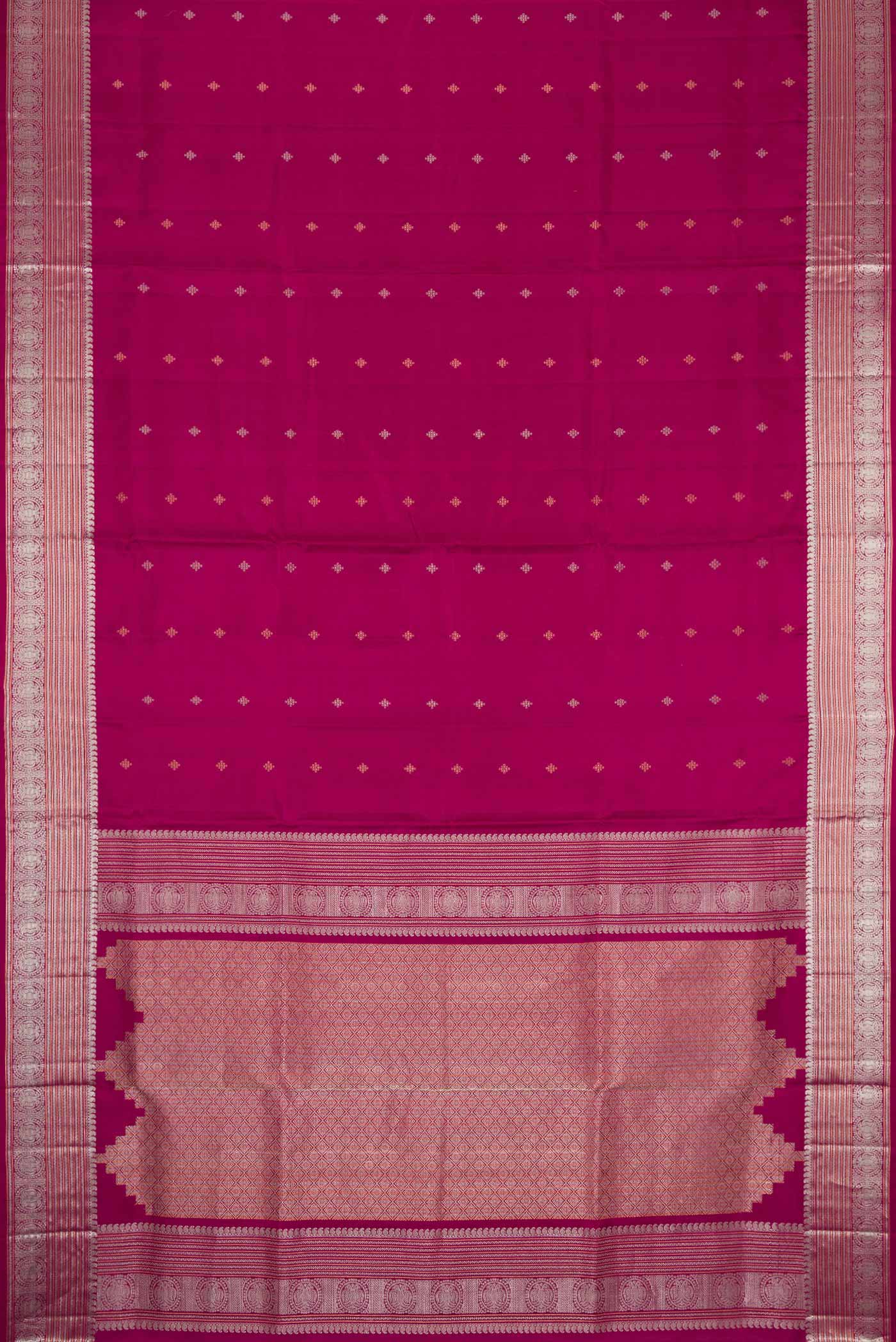 Flat view of Magenta Dual Tone Soft Silk Saree with Zari Butta on the body and Zari Border. 