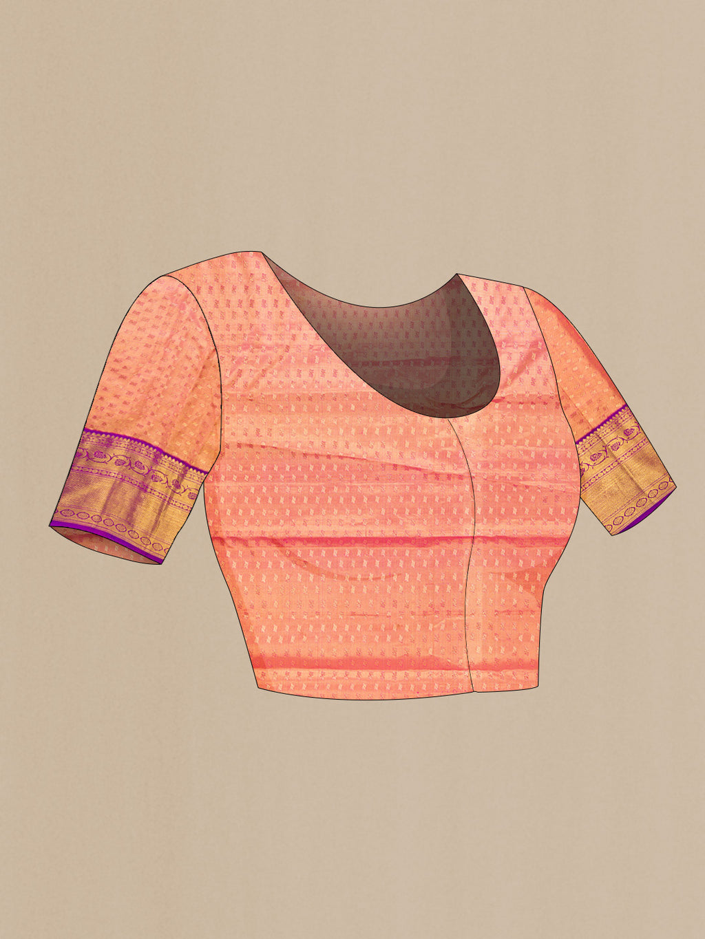 Close up image of the blouse of Pink Dual Tone Kanjivaram Tissue Silk Saree with Zari Brocade on the body and Zari Border. 