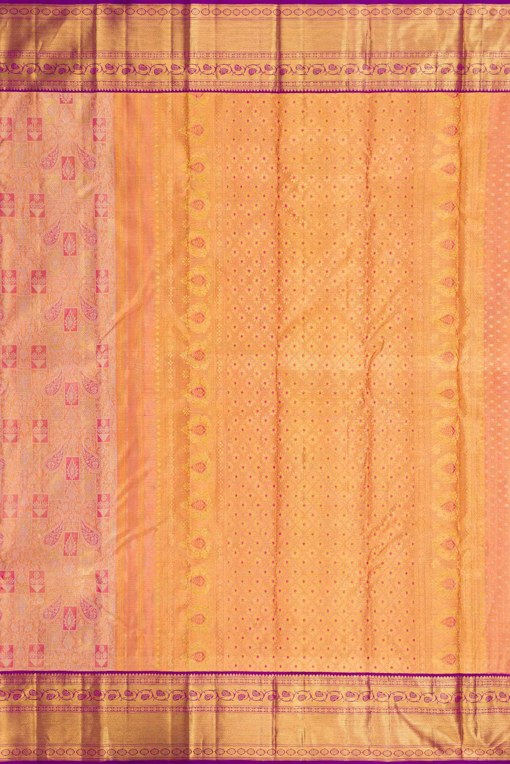 Close up image of the pallu of Pink Dual Tone Kanjivaram Tissue Silk Saree with Zari Brocade on the body and Zari Border. 