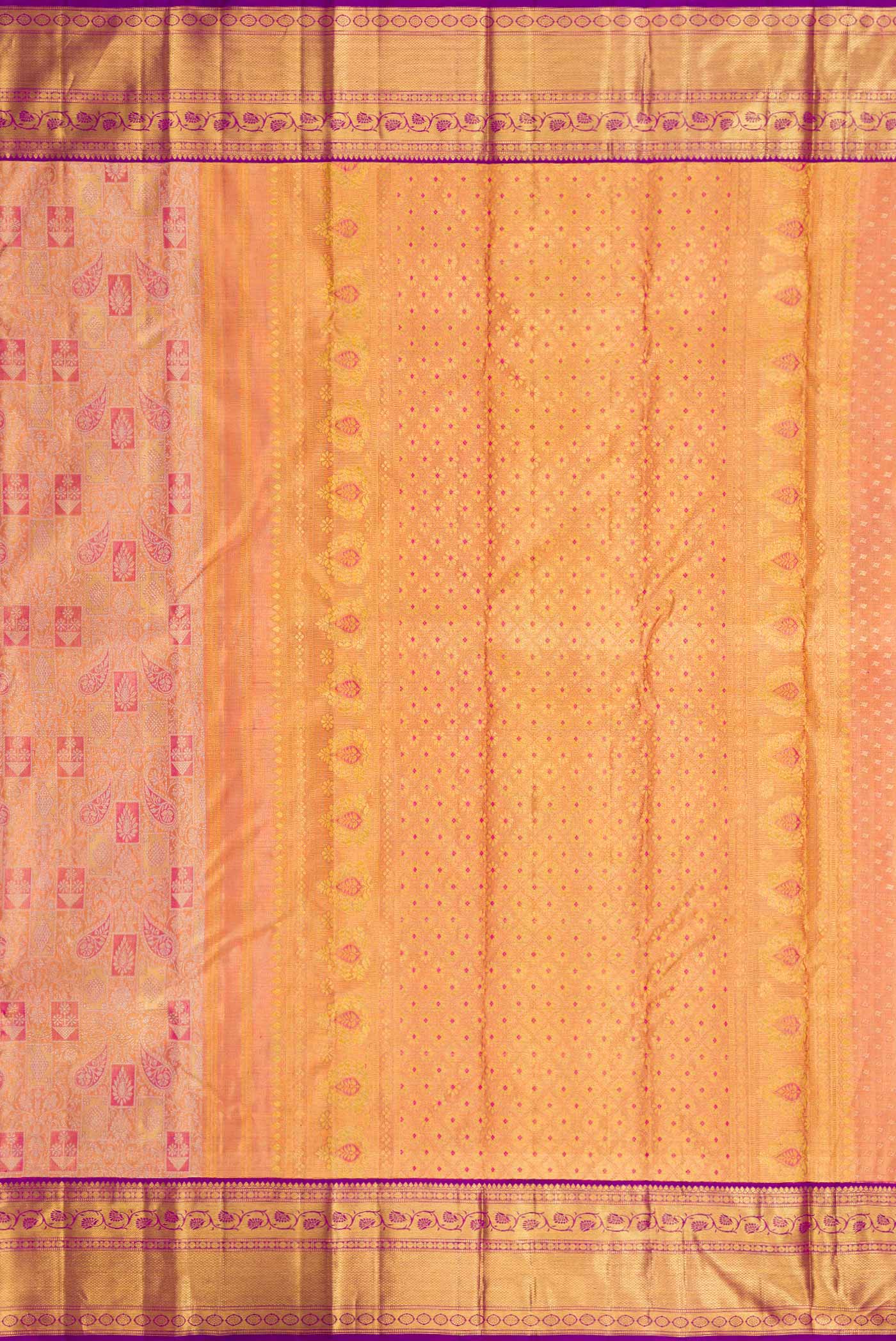 Close up image of the pallu of Pink Dual Tone Kanjivaram Tissue Silk Saree with Zari Brocade on the body and Zari Border. 