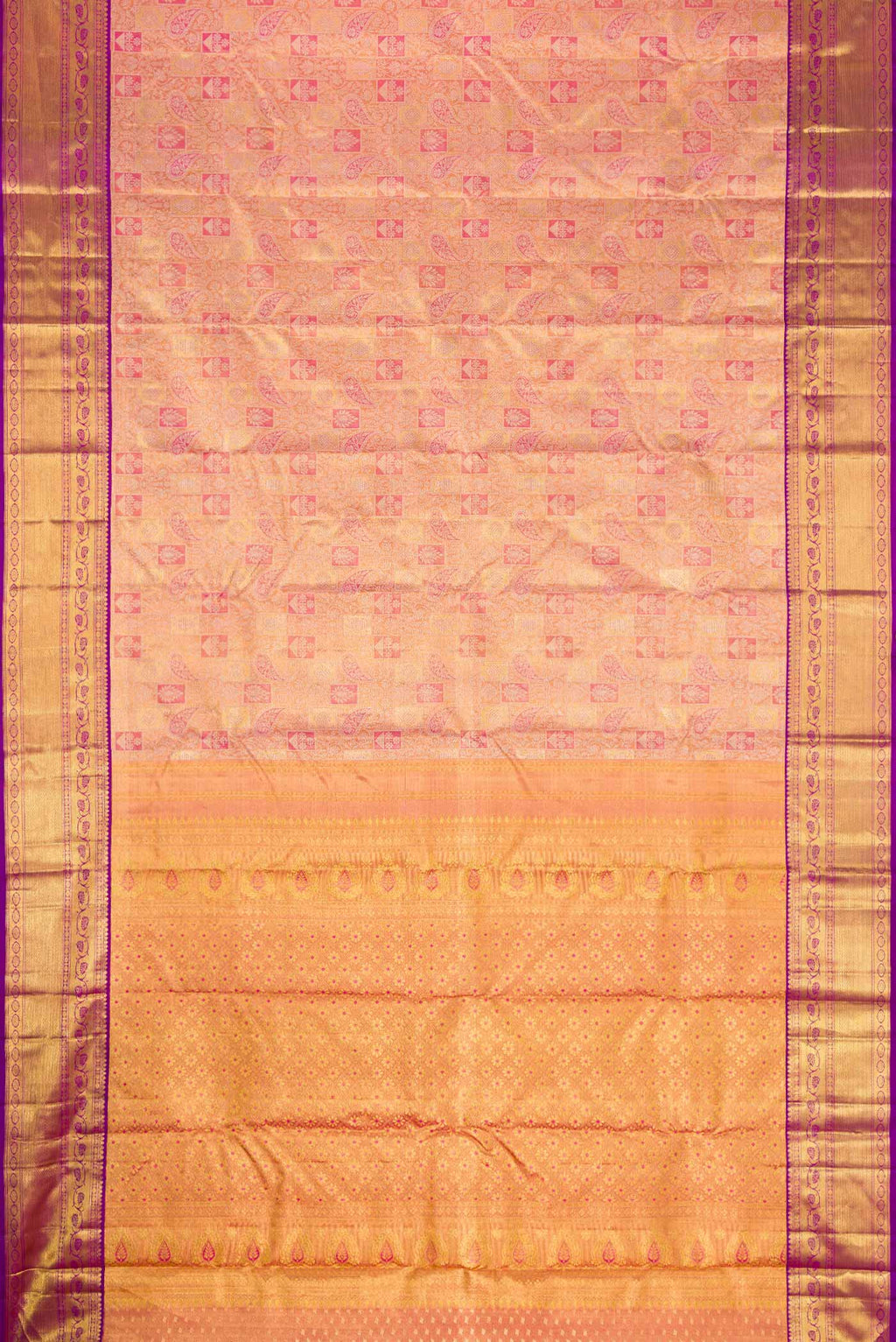 Flat view of Pink Dual Tone Kanjivaram Tissue Silk Saree with Zari Brocade on the body and Zari Border. 
