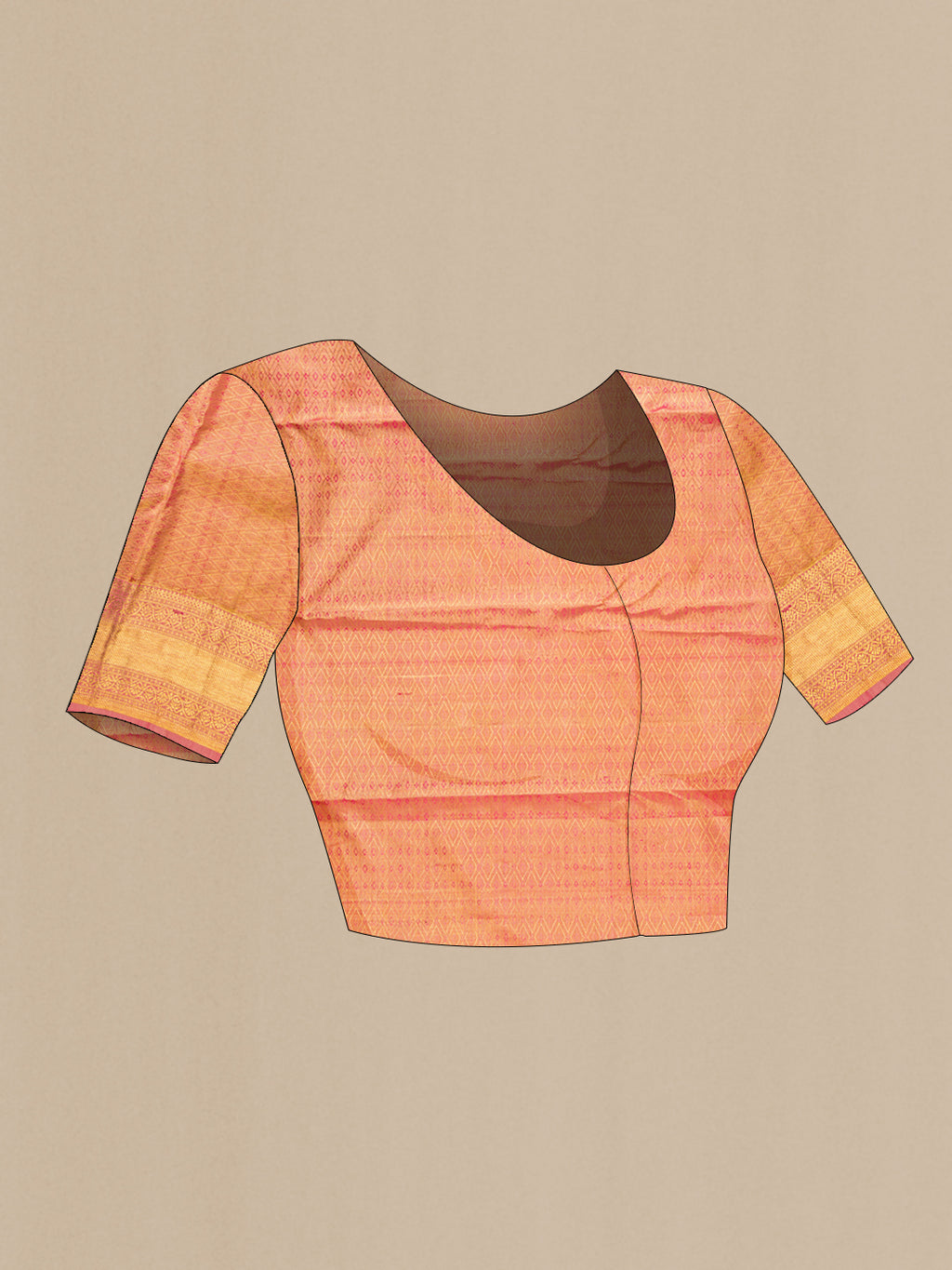 Close up image of the blouse of Pink Dual Tone Kanjivaram Tissue Silk Saree with Zari Brocade on the body and Zari Border. 
