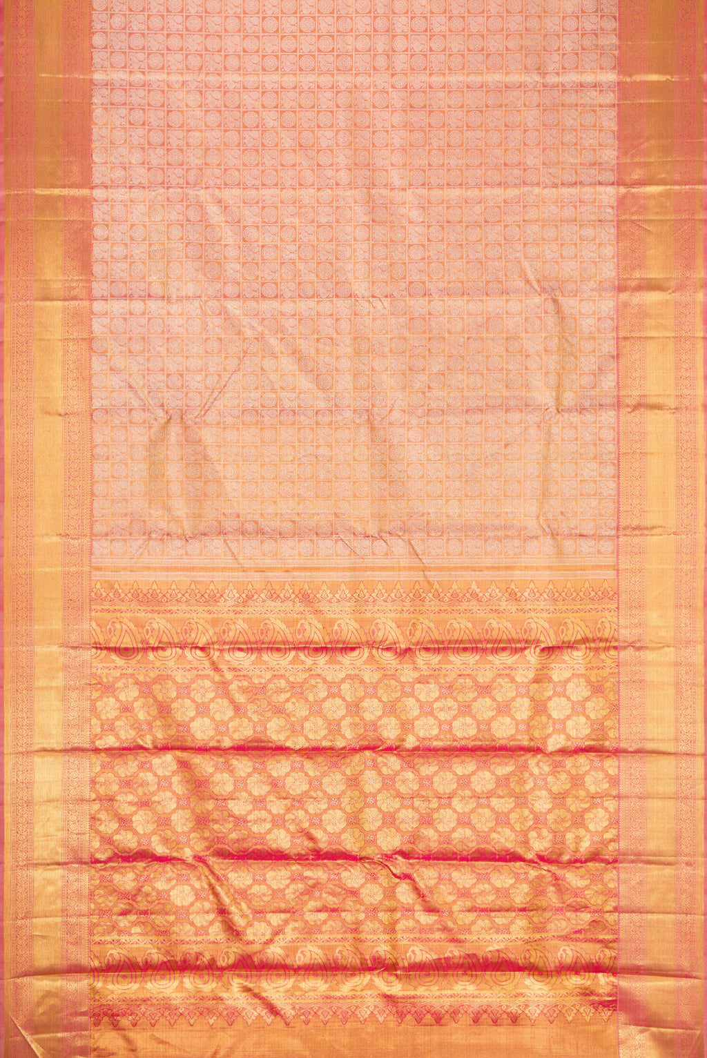 Flat view of Pink Dual Tone Kanjivaram Tissue Silk Saree with Zari Brocade on the body and Zari Border. 