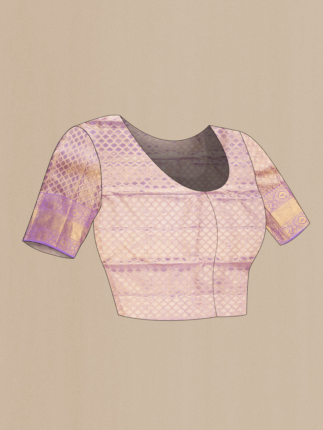 Close up image of the blouse of Lavender Dual Tone Kanjivaram Tissue Silk Saree with Zari Brocade on the body and Zari Border. 
