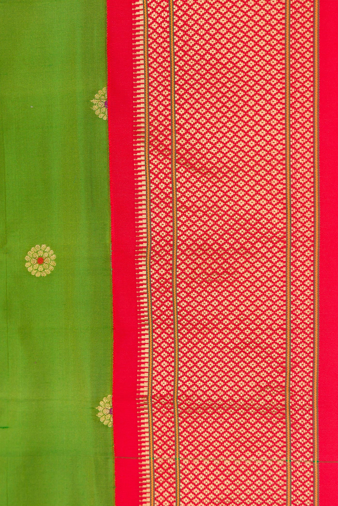 Border image of Parrot Green Dual Tone Paithani Silk Saree with Zari And Thread Butta on the body and Zari Border. 