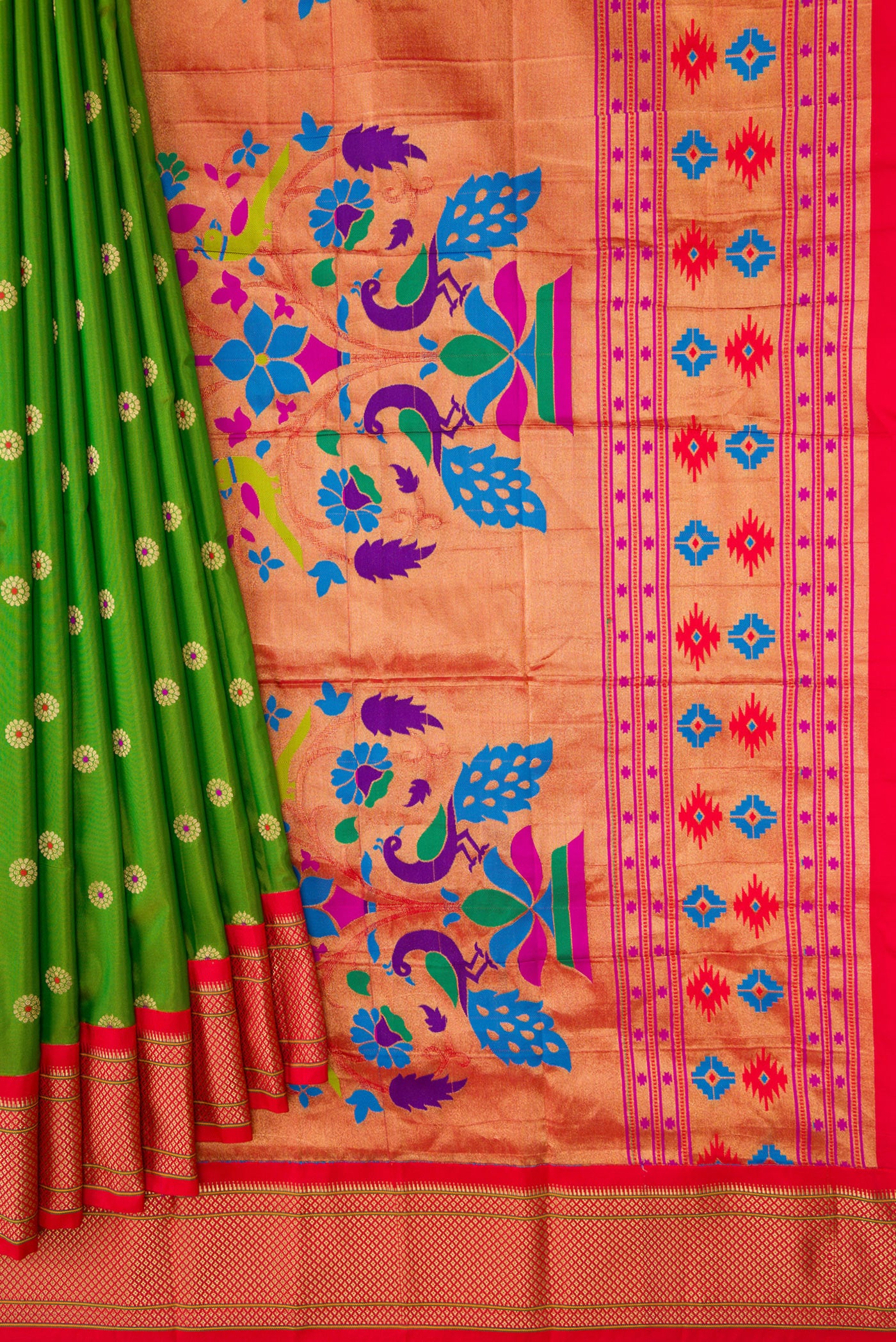 Pleats and pallu of Parrot Green Dual Tone Paithani Silk Saree with Zari And Thread Butta on the body and Zari Border. 