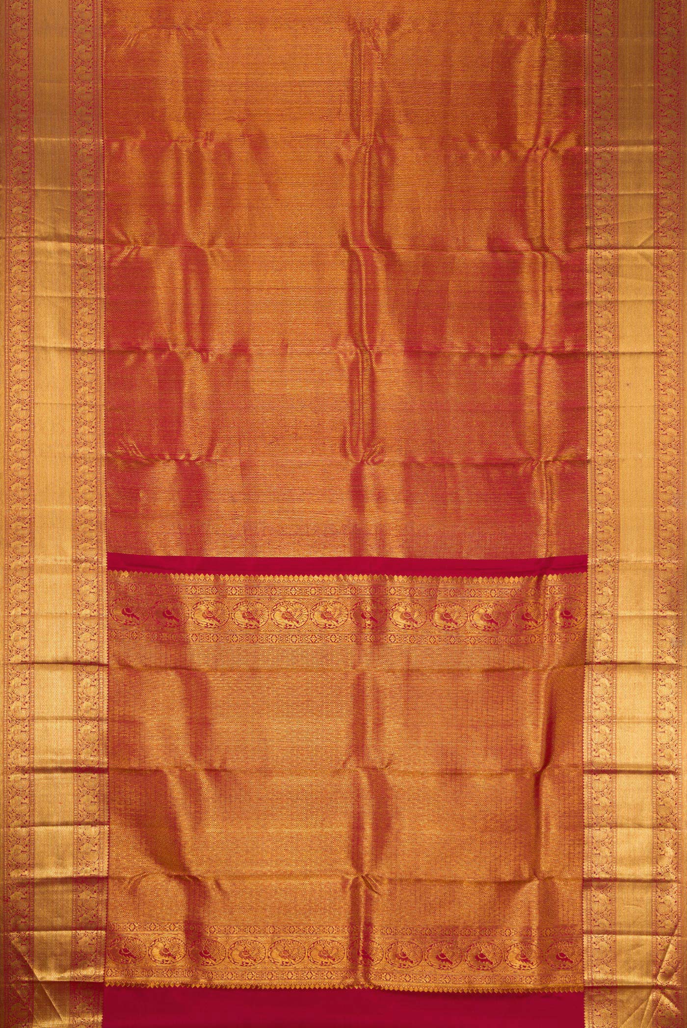 Flat view of Maroon Dual Tone Kanchipuram Silk Saree with Zari Brocade on the body and Zari Border. 