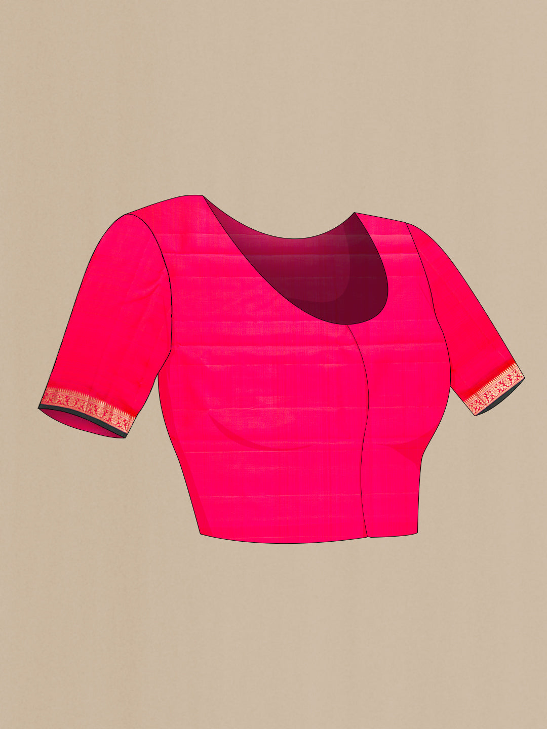Close up image of the blouse of Coral Dual Tone Kanchipuram Silk Saree with Zari Brocade on the body and Zari Border. 
