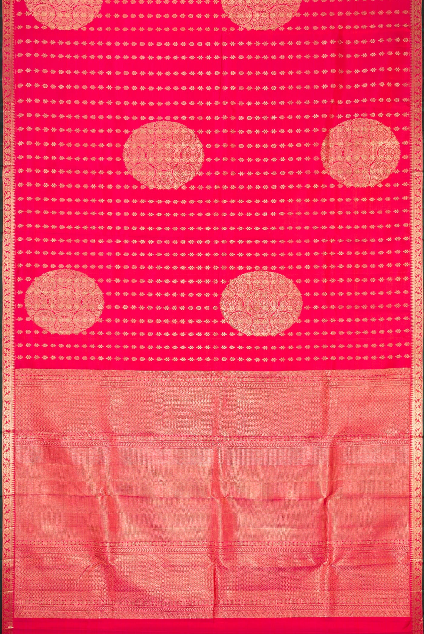 Flat view of Coral Dual Tone Kanchipuram Silk Saree with Zari Brocade on the body and Zari Border. 
