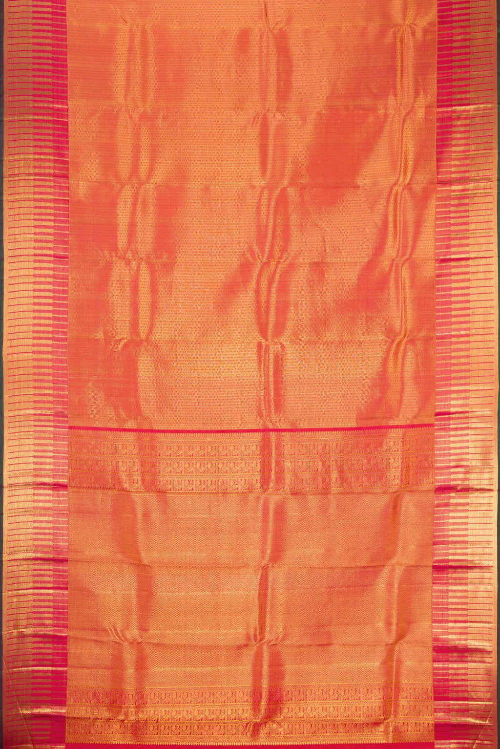Flat view of Orange Kanchipuram Silk Saree with Zari Brocade on the body and Zari Border. 