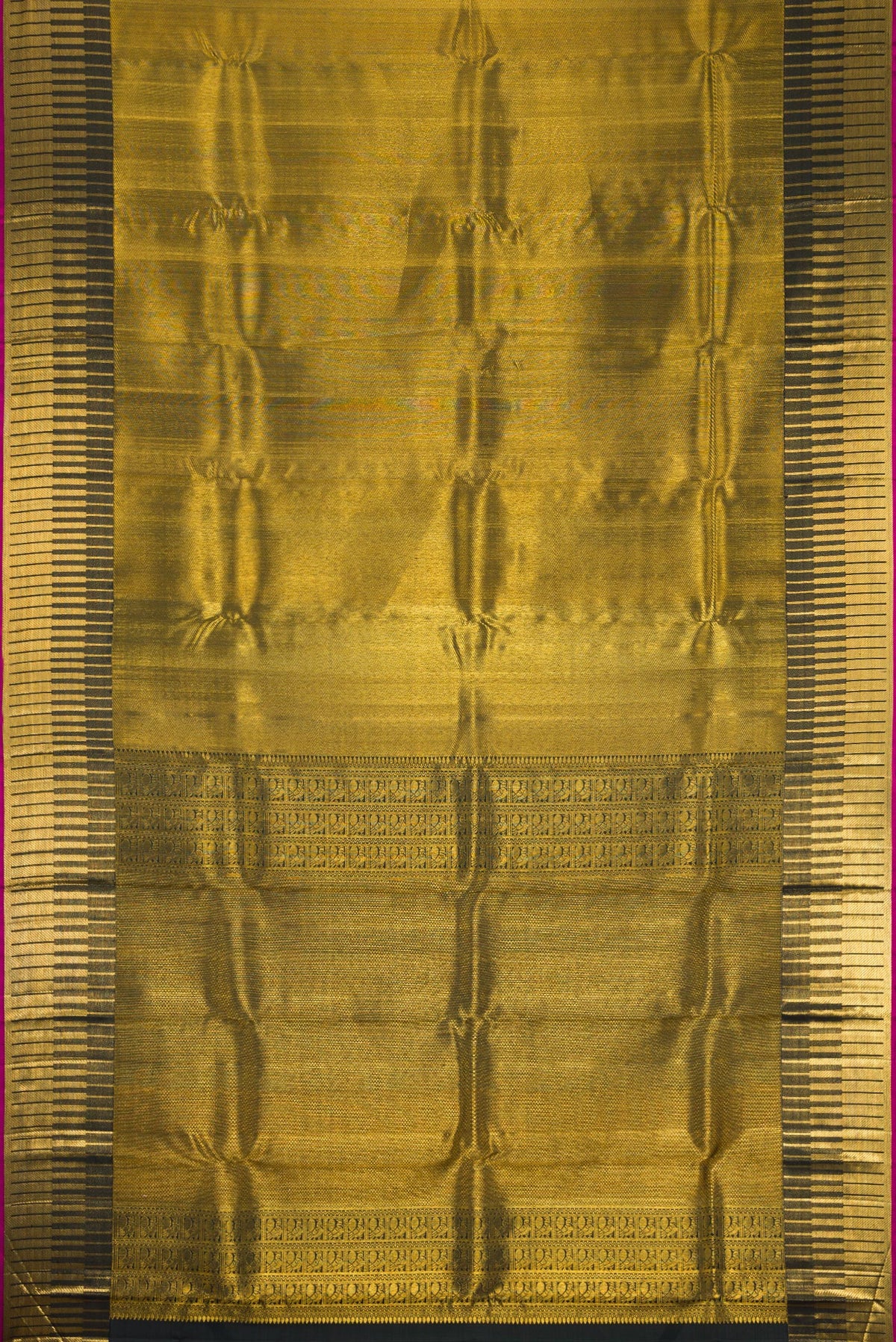 Flat view of Bottle Green Dual Tone Kanchipuram Silk Saree with Zari Brocade on the body and Fancy Border. 