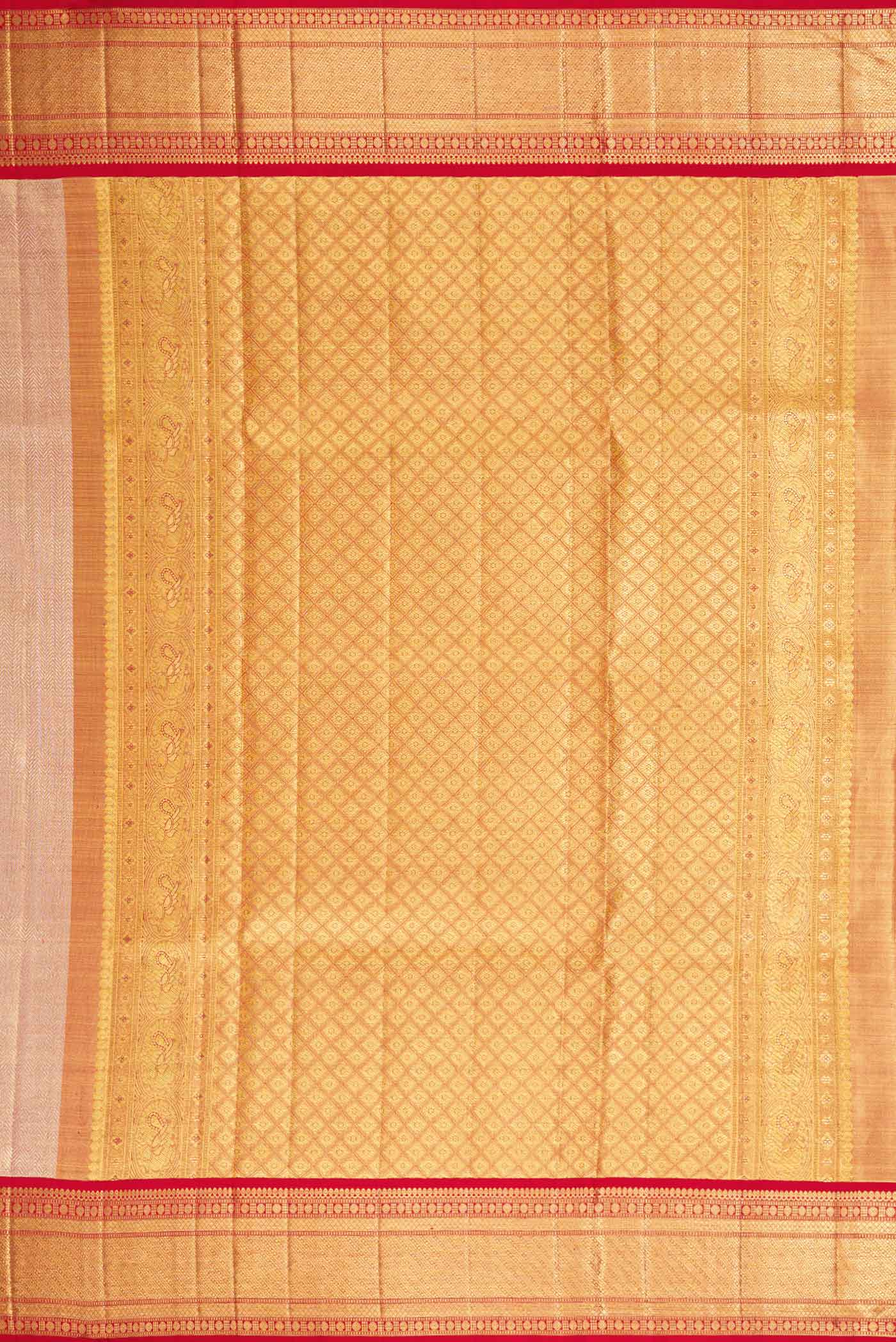 Close up image of the pallu of Rose Gold Dual Tone Kanjivaram Tissue Silk Saree with Zari Brocade on the body and Zari Border. 