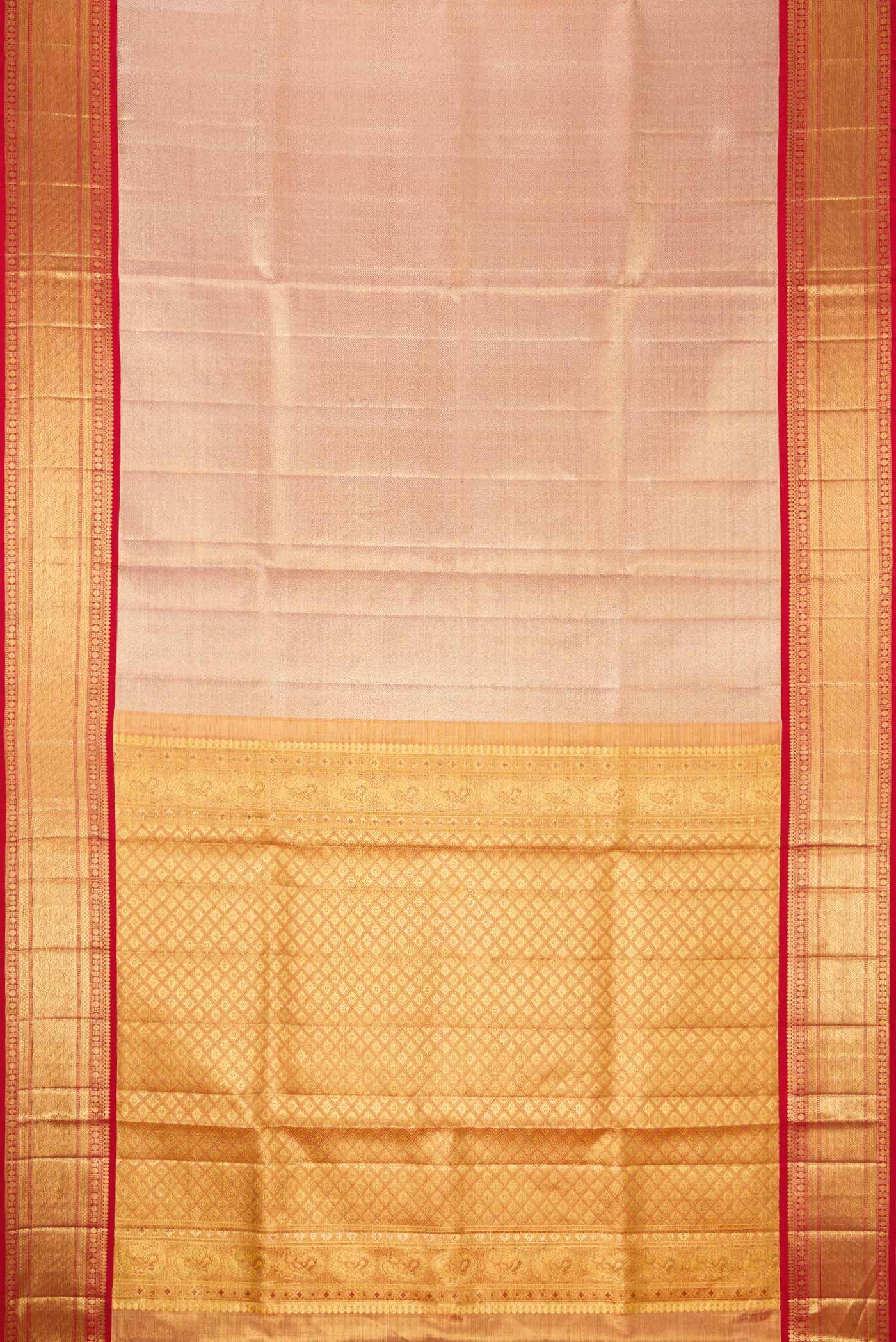 Flat view of Rose Gold Dual Tone Kanjivaram Tissue Silk Saree with Zari Brocade on the body and Zari Border. 