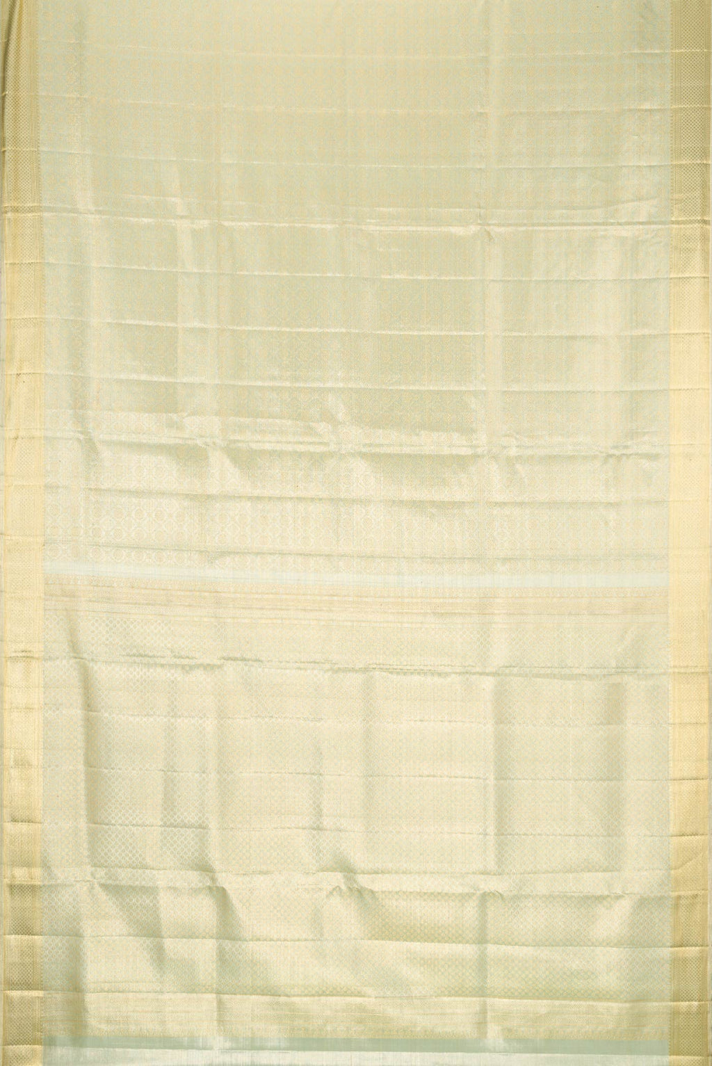 Flat view of Light Green Dual Tone Kanjivaram Tissue Silk Saree with Zari Brocade on the body and Zari Border. 